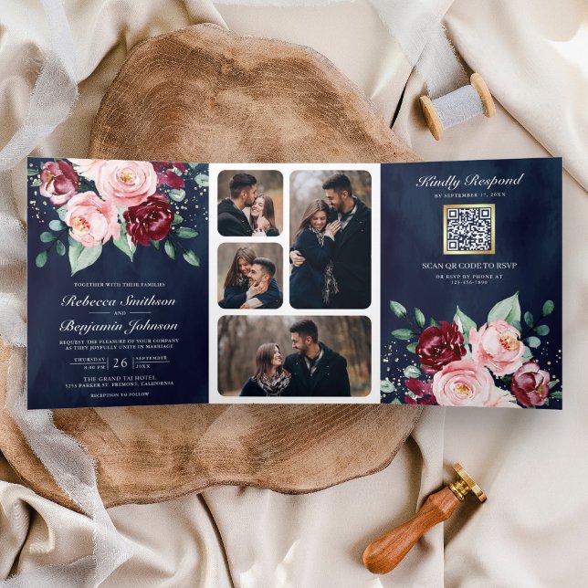 Blush Pink Burgundy Floral QR Code Navy Hochzeit Dreifach Gefaltete Einladung (Von Creator hochgeladen)