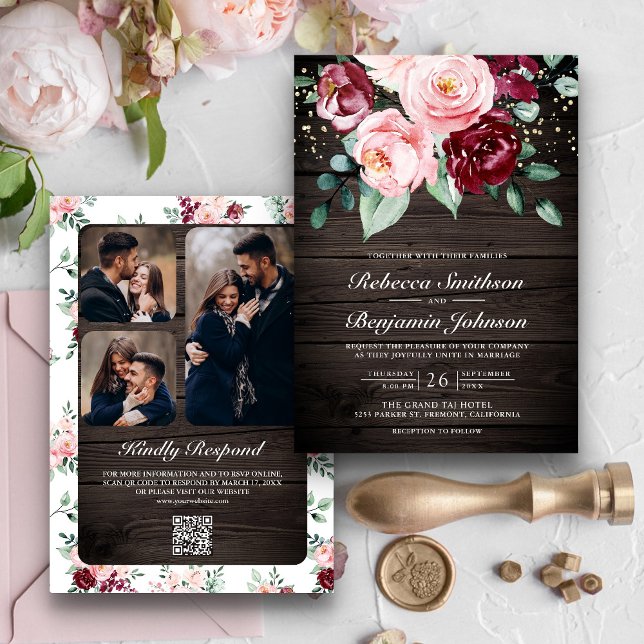 Blush Pink Burgundy Floral QR Code Wood Wedding Einladung (Von Creator hochgeladen)