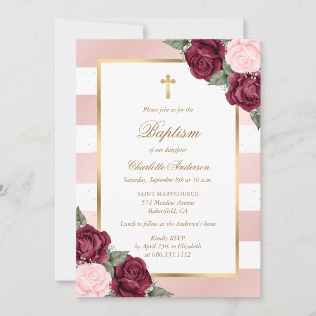 Blush Pink Burgundy Gold Floral Taufe Einladung (Vorderseite)