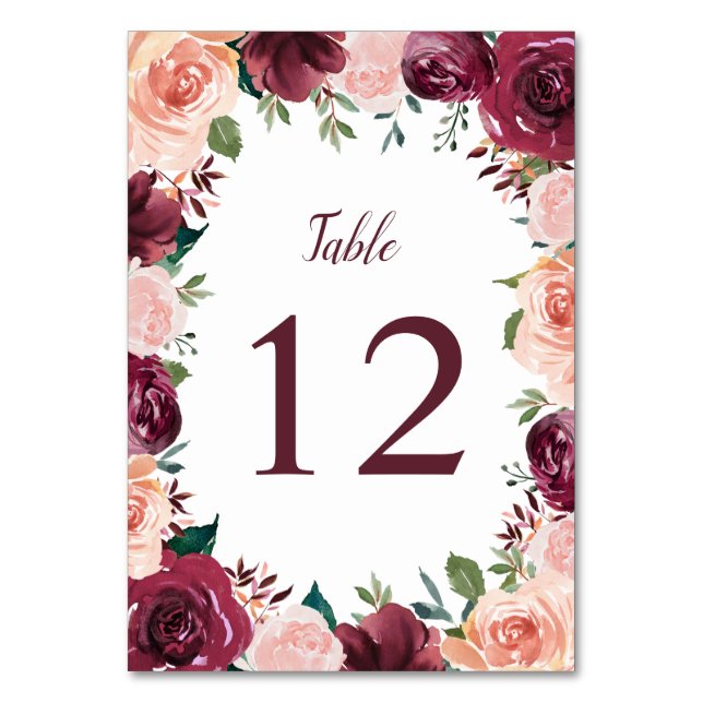 Blush Pink Burgundy Rose Blumenstrauß Hochzeit Tischnummer (Vorderseite)