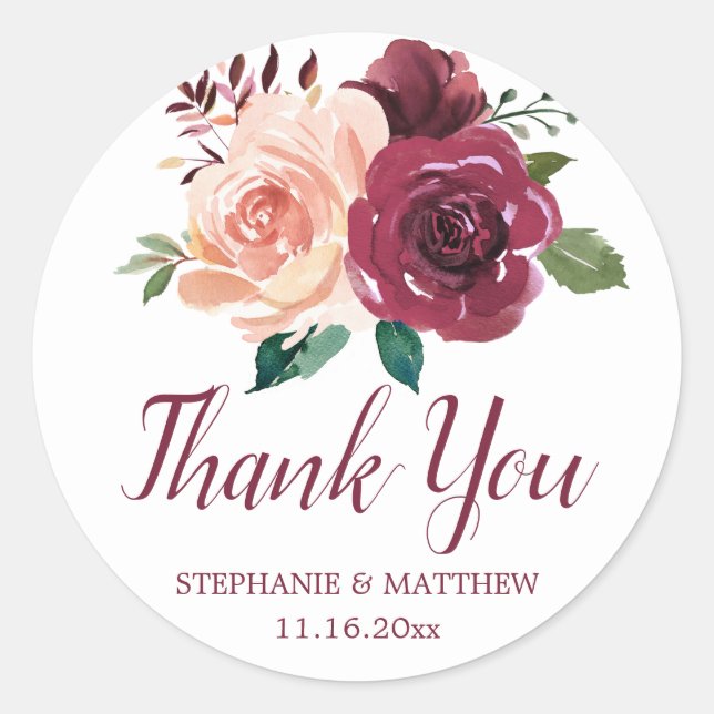 Blush Pink Burgundy Rose Hochzeit Vielen Dank Runder Aufkleber (Vorderseite)