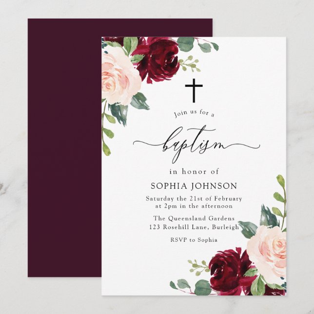 Blush Pink Burgundy Rote Flora Kreuz Taufe Einladung (Vorne/Hinten)