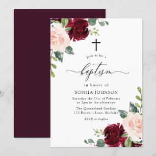 Blush Pink Burgundy Rote Flora Kreuz Taufe Einladung