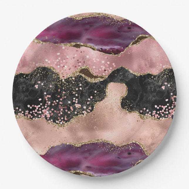 Blush Pink Burgundy Wine Gold Schwarzer Glitzer Pappteller (Vorderseite)