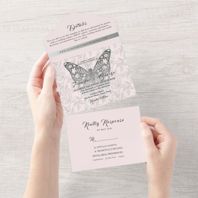 Blush Pink Butterfly Einladung Hochzeit (Abreißen)