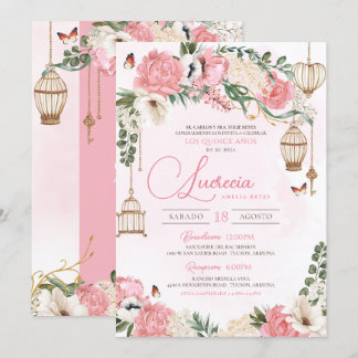 Blush Pink Butterfly Floral Elegantes Quinceañera Einladung
