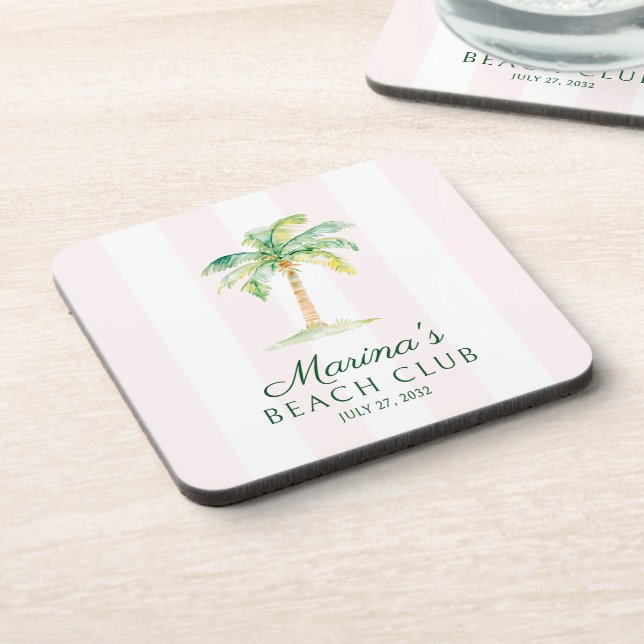 Blush Pink Cabana Stripes Palm Beach Club Birthday Getränkeuntersetzer (Linke Seite)