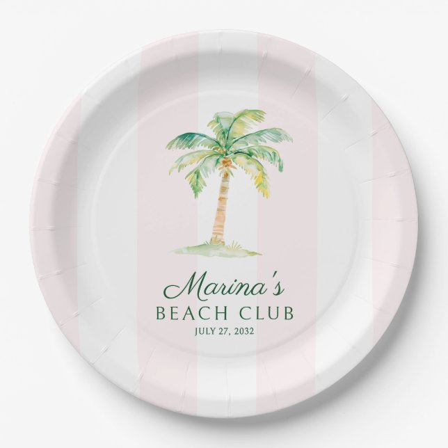 Blush Pink Cabana Stripes Palm Beach Club Birthday Pappteller (Vorderseite)