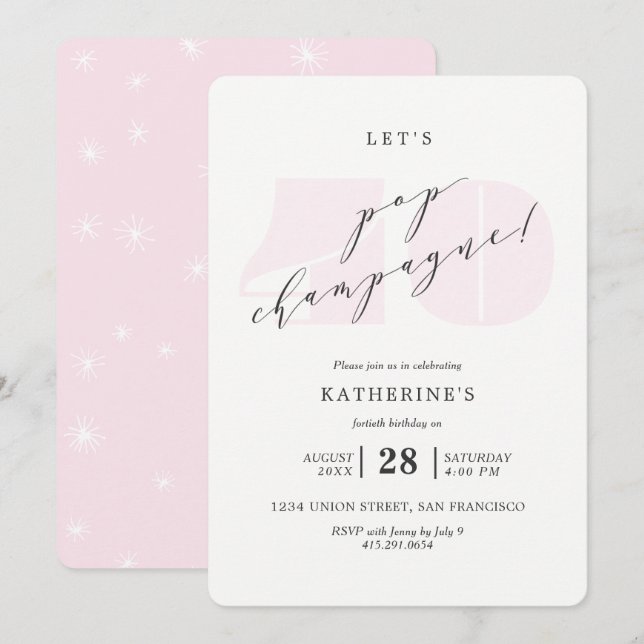 Blush Pink Champagne 40. Geburtstag Party Einladun Einladung (Vorne/Hinten)