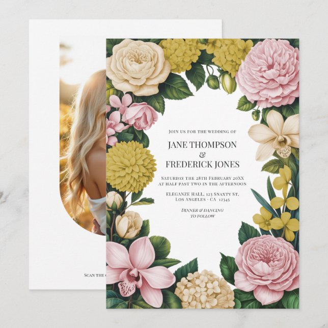 Blush Pink, Champagne & Gold Floral Wedding Einladung (Vorne/Hinten)