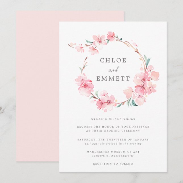 Blush Pink Cherry Blossom Blumenrahmen Hochzeit Einladung (Vorne/Hinten)