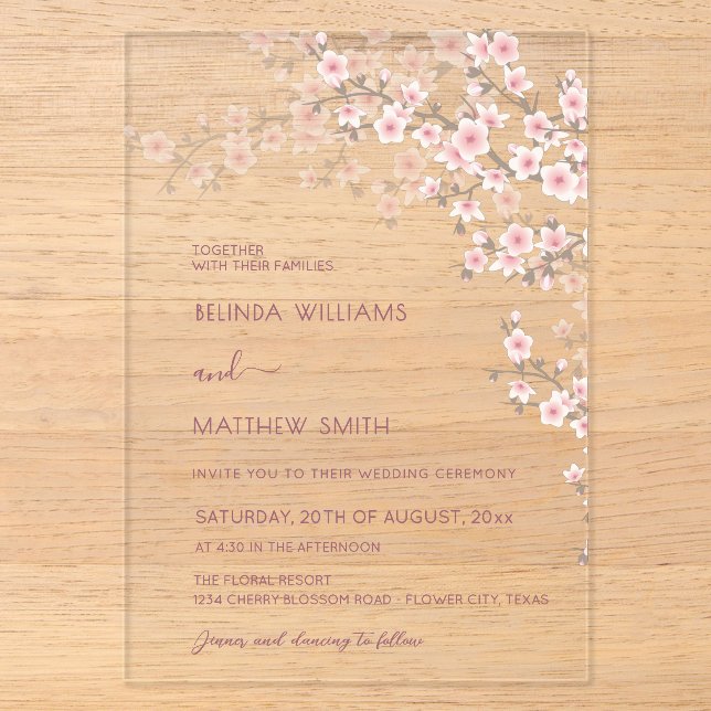 Blush Pink Cherry Blossom Wedding Acryleinladungen (Vorderseite)