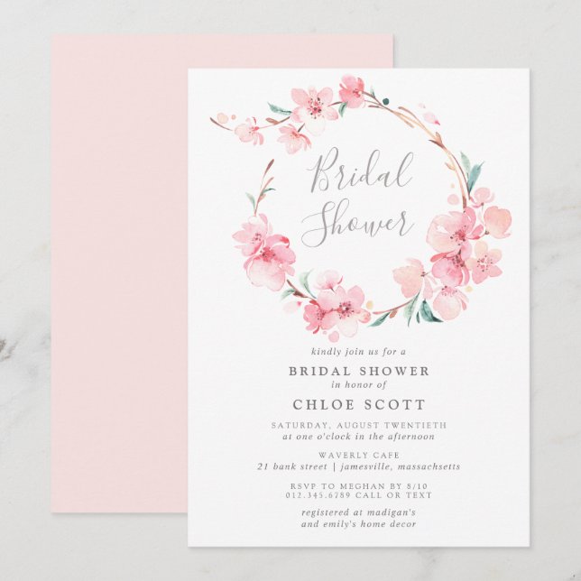 Blush Pink Cherry Blossom Wreath Brautparty Einladung (Vorne/Hinten)