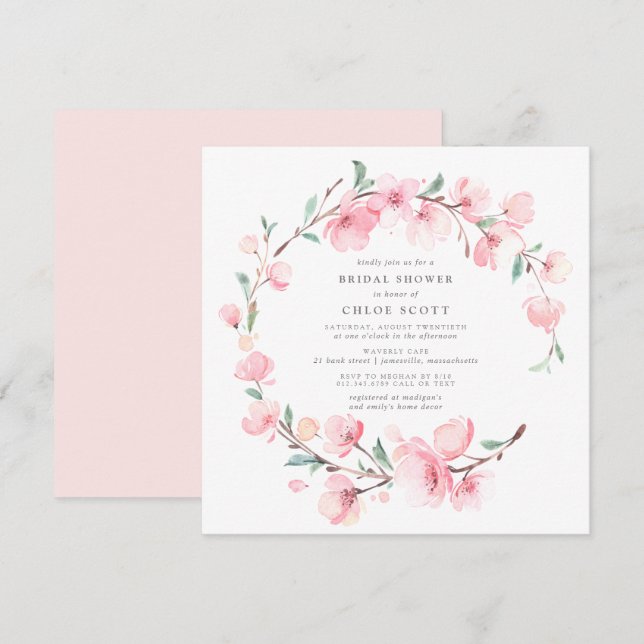 Blush Pink Cherry Blossom Wreath Brautparty Einladung (Vorne/Hinten)