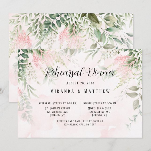 Blush Pink Chic Florals Probe Abendessen im Grünen Einladung (Vorne/Hinten)