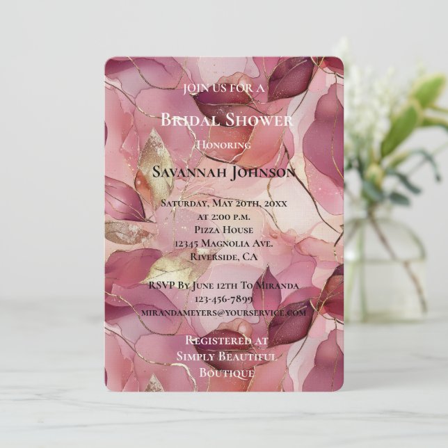 Blush Pink Chic Gold Blätter Brautparty Einladung (Stehend Vorderseite)