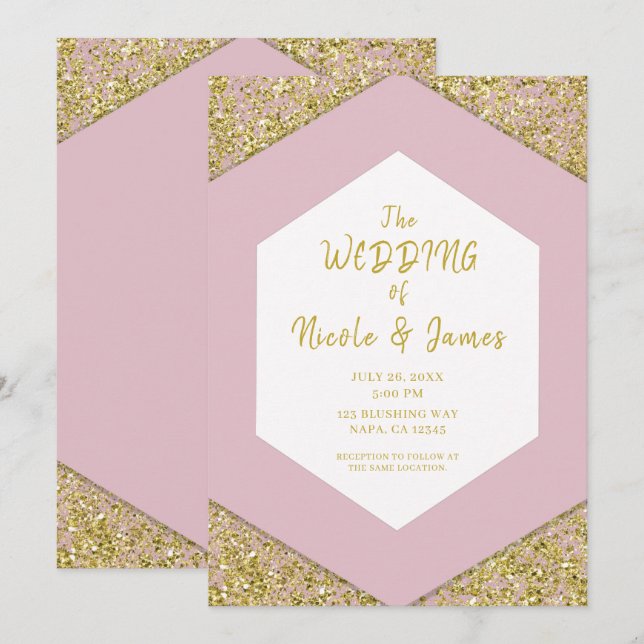 Blush Pink Chic Gold Glitzer Flakes Glam Wedding Einladung (Vorne/Hinten)