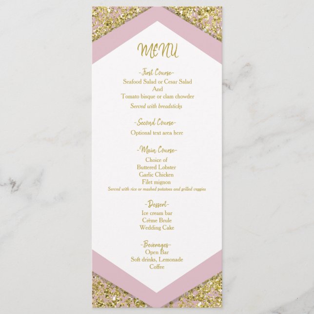Blush Pink Chic Gold Glitzer Flakes Glam Wedge m Menükarte (Vorderseite)