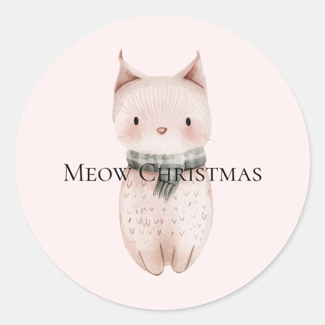 Blush Pink Christmas Cat Runder Aufkleber (Vorderseite)