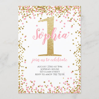Blush Pink Confetti Girl Erstgeburt Gold Einladung