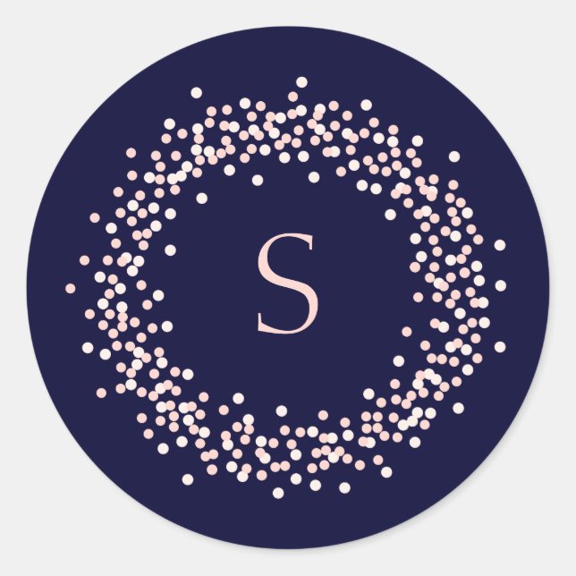Blush Pink Confetti in Navy Blue | Monogramm Runder Aufkleber (Vorderseite)