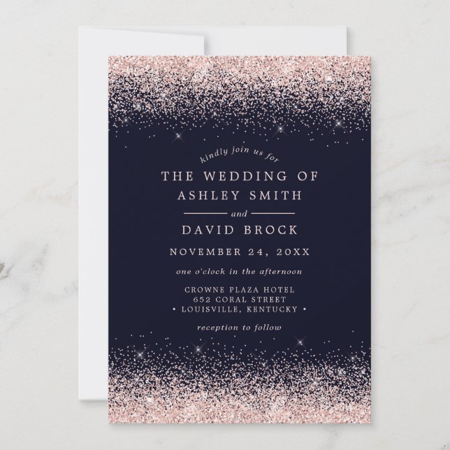 Blush Pink Confetti Navy Blauer Hochzeitsempfang Einladung (Vorderseite)