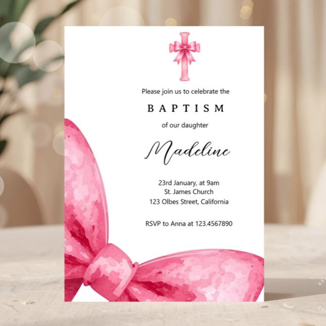 Blush Pink Coquette Bow Girls Taufe Einladung (bow baptism, pink bow invite, christening girl, baptism girl invite, ribbon, pink, minimal, elegant,)