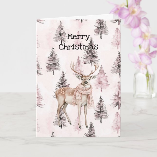Blush Pink Cream Deer Scarf Christmas Trees Karte (Orchidee)