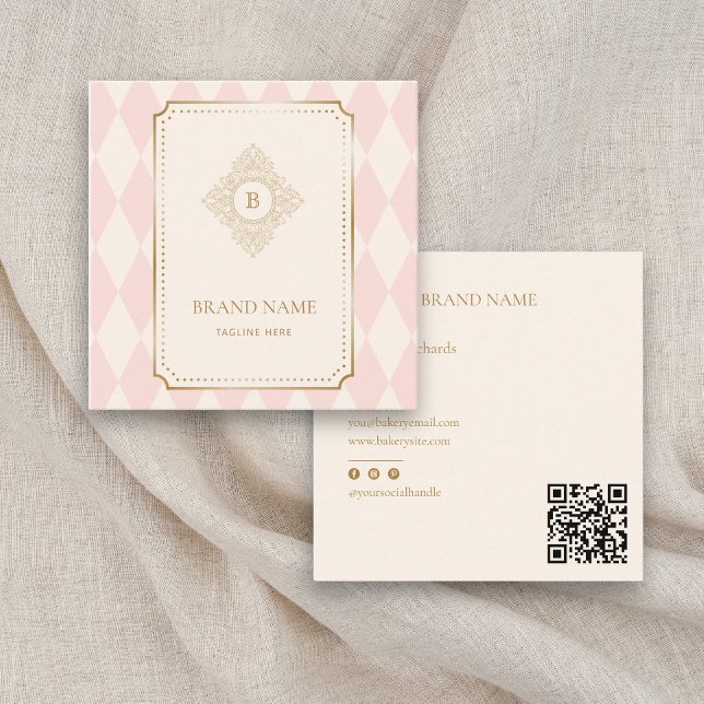 Blush Pink Cream Diamond Gold Frame Monogram Quadratische Visitenkarte (Von Creator hochgeladen)