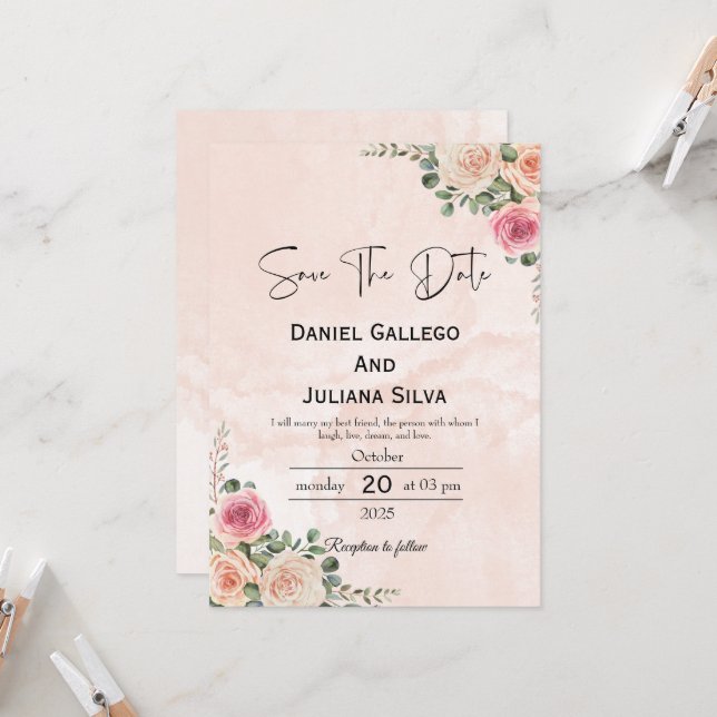 Blush Pink Cream Floral Hochzeit Speichern Sie das Einladung (Vorderseite/Rückseite Beispiel)