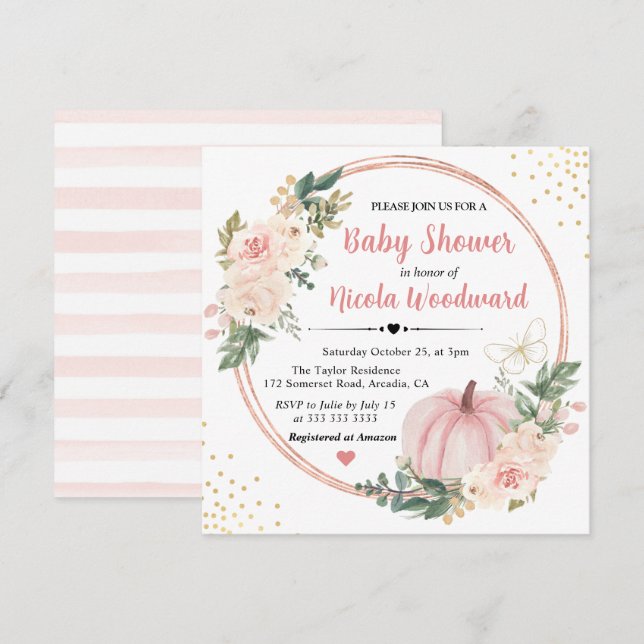 Blush Pink & Cream Floral Pumpkin Baby Dusche Einladung (Vorne/Hinten)