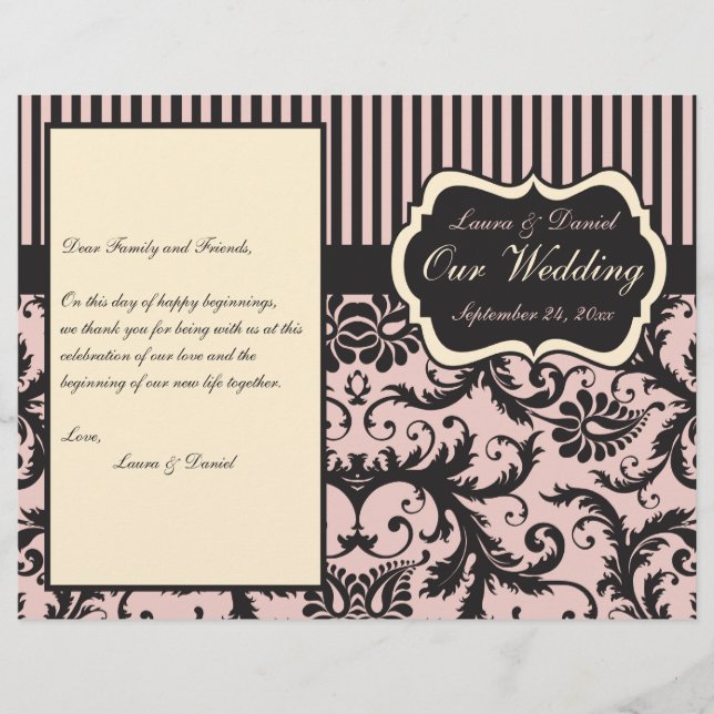 Blush Pink, Cream, Gray Damask Hochzeitsprogramm (Vorderseite)