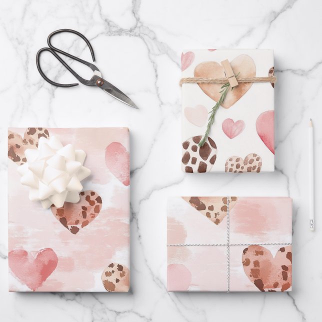 Blush Pink Cream Leopard Hearts Birthday Geschenkpapier Set (Vorderseite)
