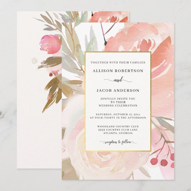 Blush Pink Cream Peach Sage Green Gold Hochzeit Einladung (Vorne/Hinten)
