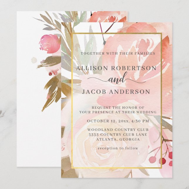 Blush Pink Cream Peach Sage Green Gold Hochzeit Einladung (Vorne/Hinten)