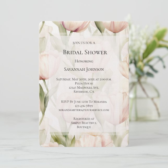 Blush Pink Creme Tulips Brautparty Einladung (Stehend Vorderseite)