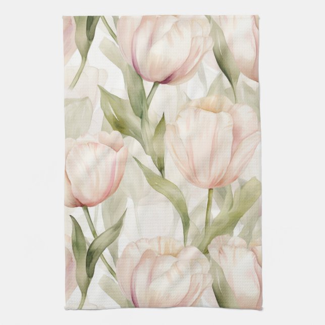 Blush Pink Creme Tulips Brautparty Geschirrtuch (Vertikal)
