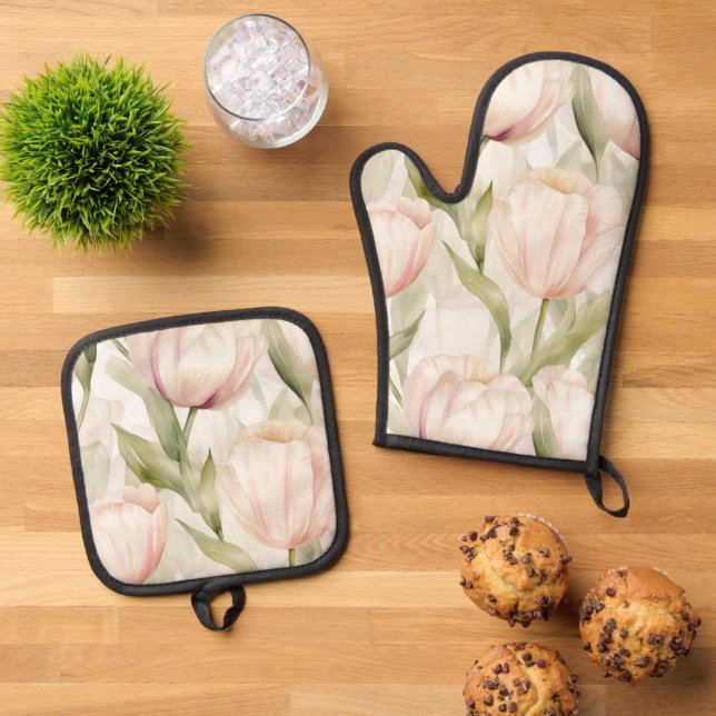 Blush Pink Creme Tulips Brautparty Ofenhandschuh & Topflappen-Set (Oben Unten)