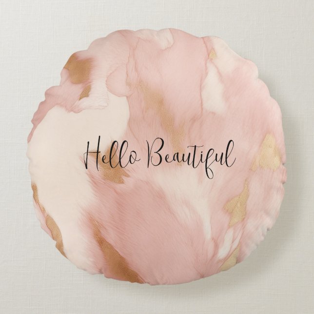 Blush Pink Creme White Gold Cowhide Rundes Kissen (Vorderseite)