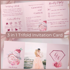 Blush Pink & Crimson Red Floral Wedding Dreifach Gefaltete Karte