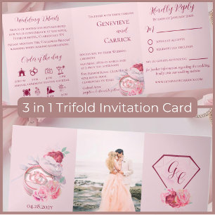 Blush Pink & Crimson Red Floral Wedding Dreifach Gefaltete Karte