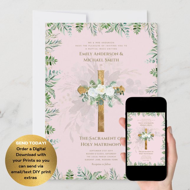Blush Pink Cross Katholic Nuptial Mass Wedding Einladung (Von Creator hochgeladen)