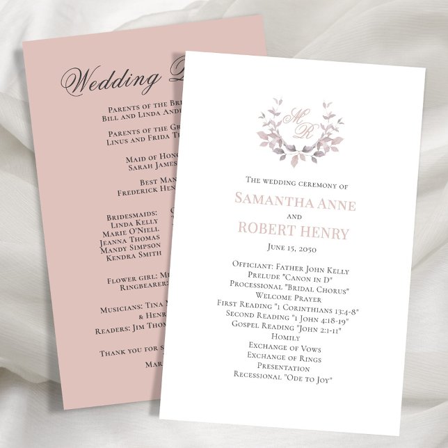 Blush Pink Custom Monogram Wedding Program (Blush pink wedding ceremony program.)