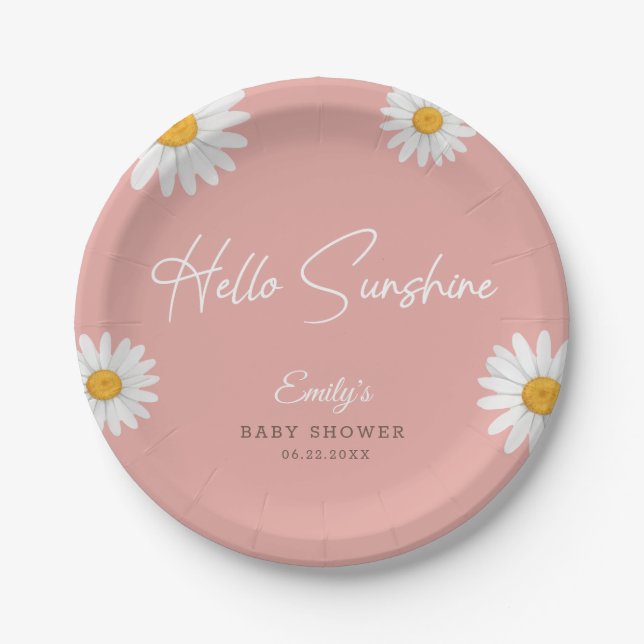 Blush Pink Daisy Hello Sunshine Baby Shower Pappteller (Vorderseite)