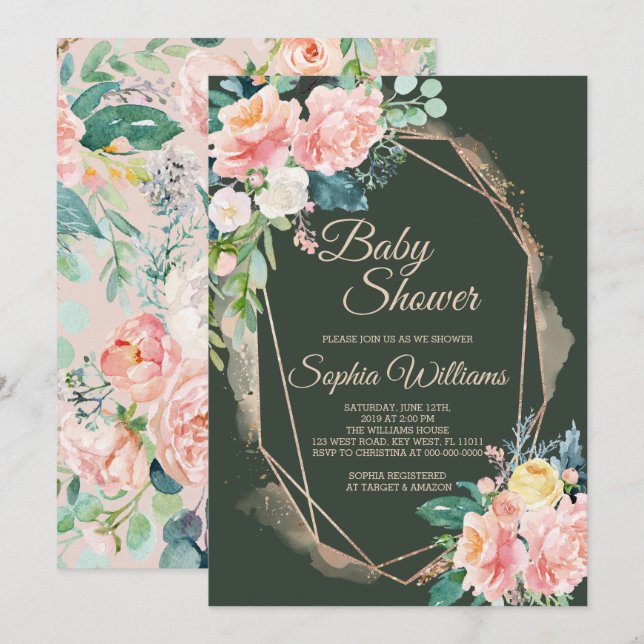 Blush Pink, Dark Green & Gold Baby Dusche Einladung (Vorne/Hinten)