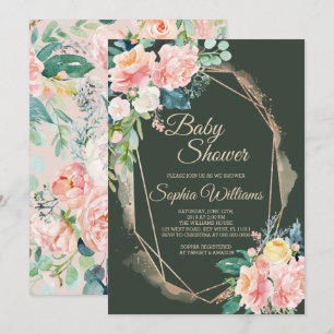 Blush Pink, Dark Green & Gold Baby Dusche Einladung