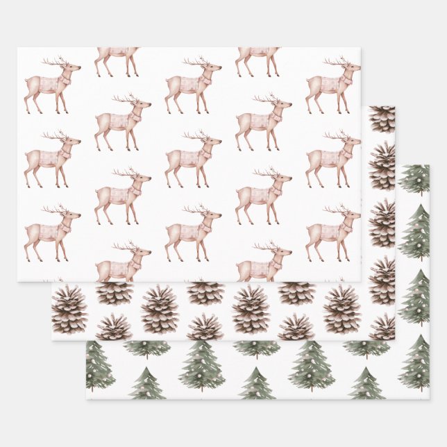 Blush Pink Deer Pine Cones Weihnachtsbaumen Geschenkpapier Set (Set)