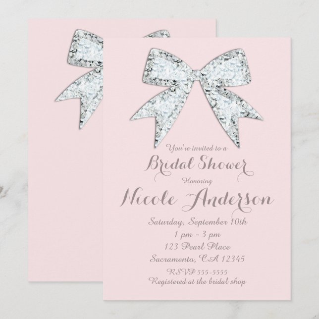 Blush Pink Diamond Bling Bow Glam Brautparty Einladung (Vorne/Hinten)