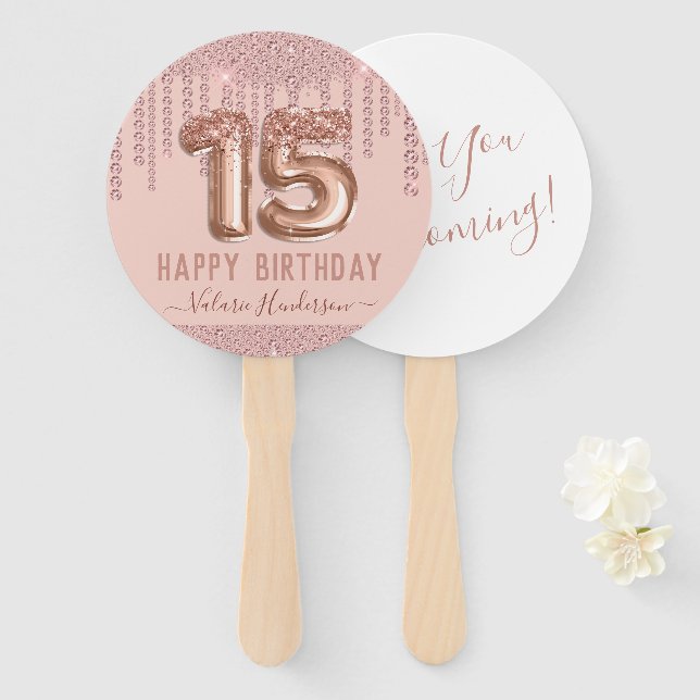 Blush Pink Diamond Tropfen Happy 15. Geburtstag Fächer (Vorne und Hinten)