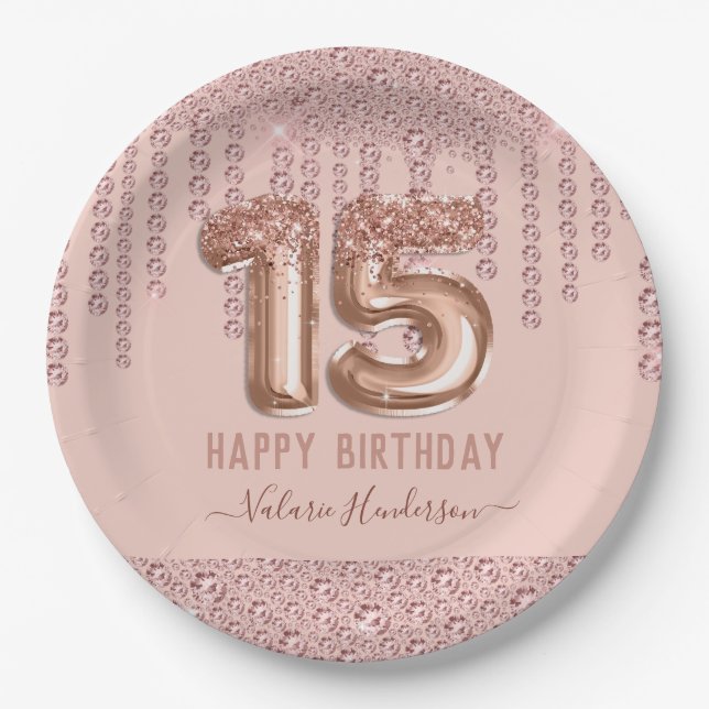Blush Pink Diamond Tropfen Happy 15. Geburtstag Pappteller (Vorderseite)